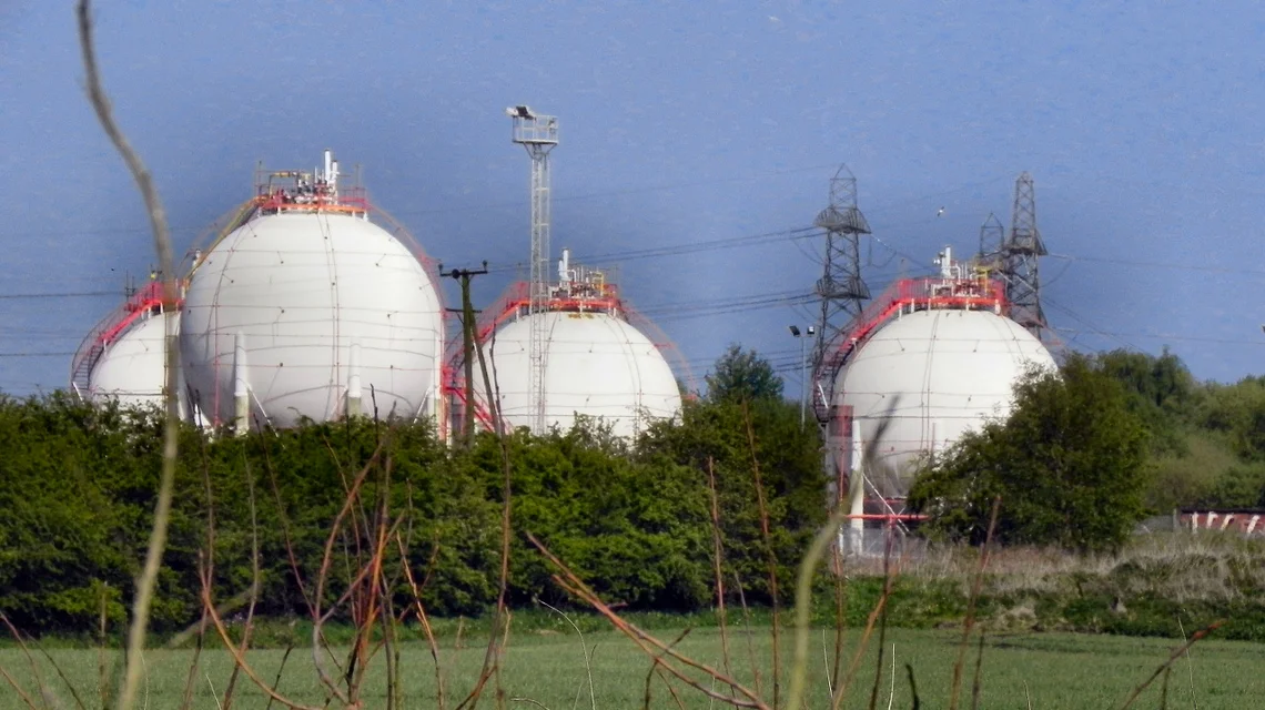 Spherical storage tanks at an industrial facility