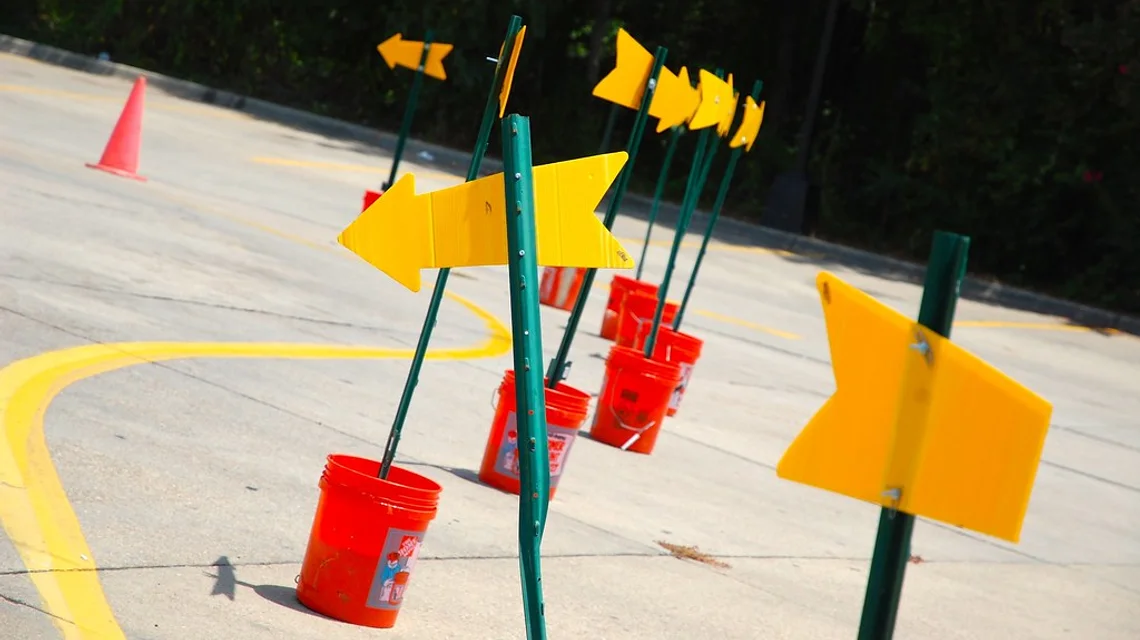 Traffic cones and markings on a driving test course