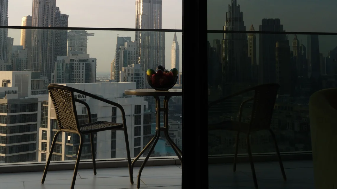 View of the Burj Khalifa and Dubai skyline from a holiday home balcony