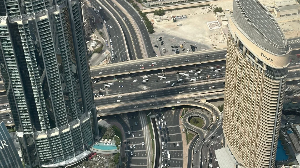 Aerial view of Dubai's Sheikh Zayed Road, the hub for re-exporting goods across the region
