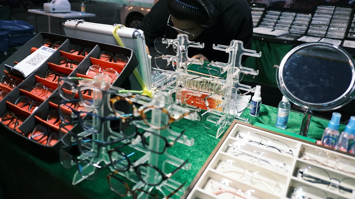 A display of eyeglass frames in an optical store