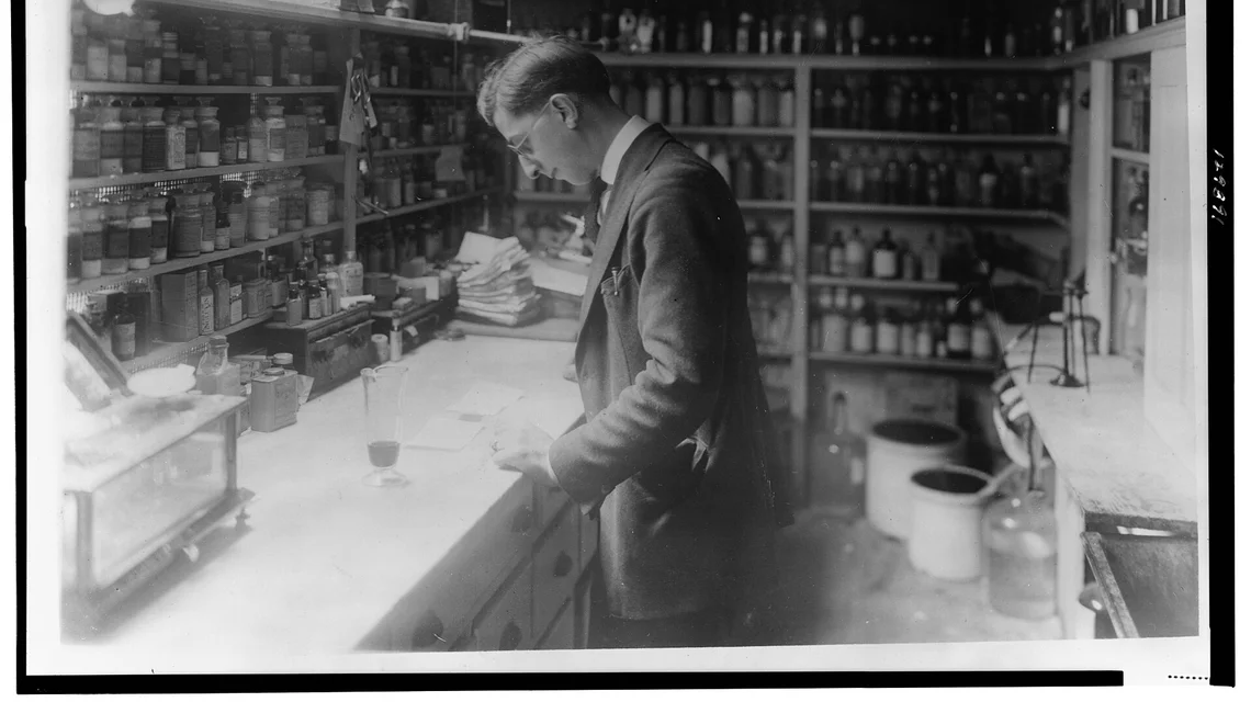 Shelves of medicines in a pharmaceutical store
