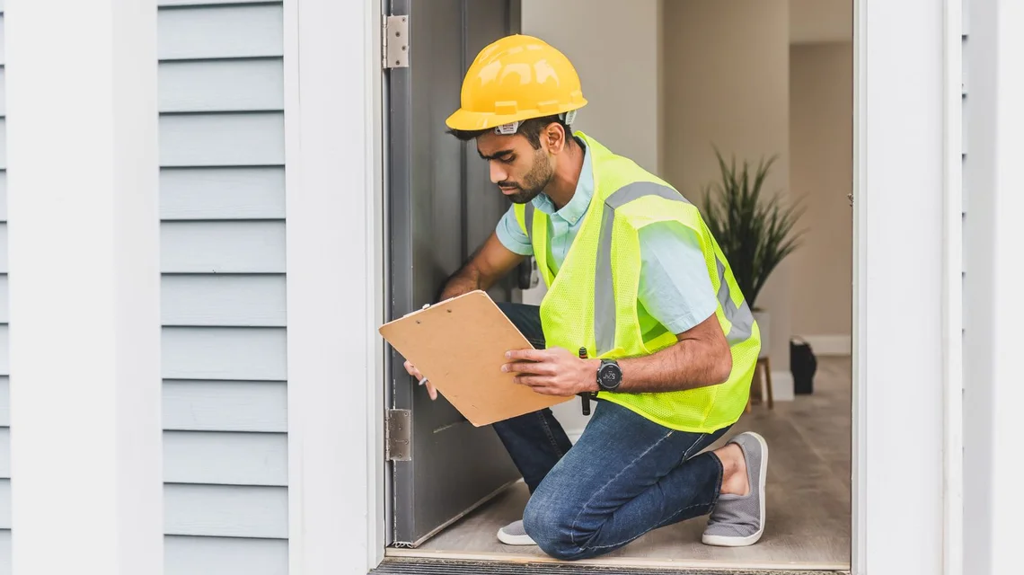 Property valuer inspecting a residential building with documents