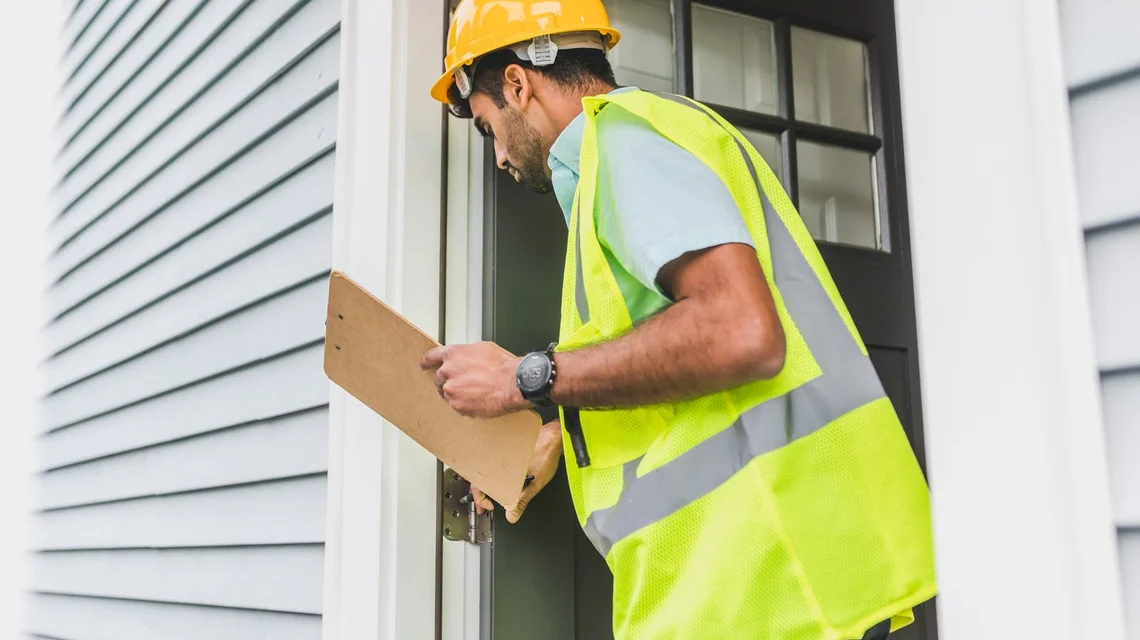 A surveyor assessing the exterior of a residential property
